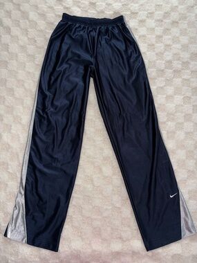 Vintage Nike Big Kids Baggy Navy Track Pants with Silver Side Panels • XLarge